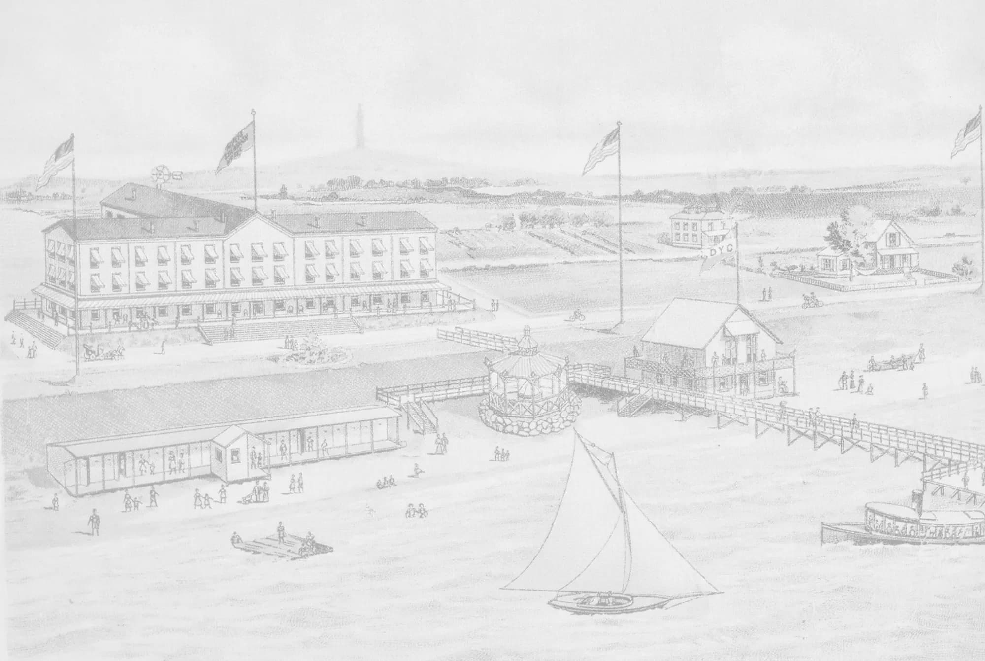 Historical illustration of the Standish Spring hotel in Duxbury, Massachusetts